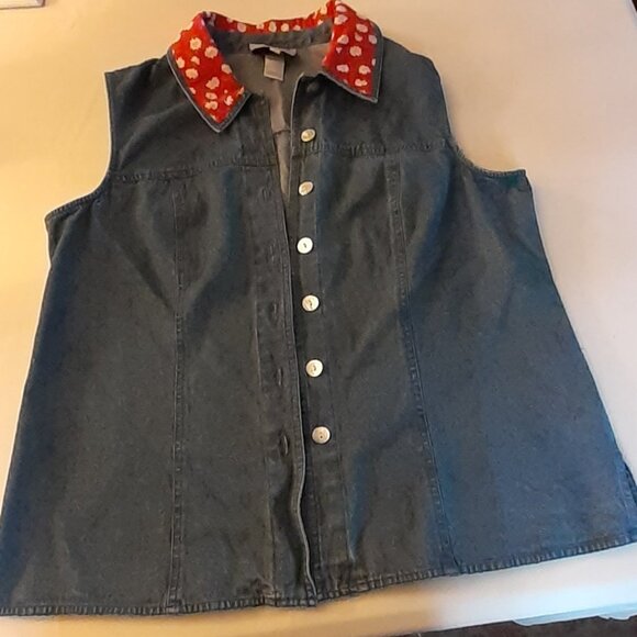 Stonebridge Blue Denim Vest, Sleeveless w/Red Floral Collar, Size 16W - Picture 5 of 9